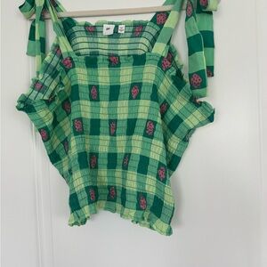 Green Checkered Top with Strawberry Print